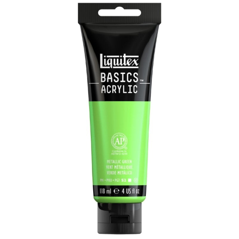 Liquitex Basics Metallic Green Acrylic Paint Tube 118 ml - Artist-quality pigments for vibrant, metallic effects.