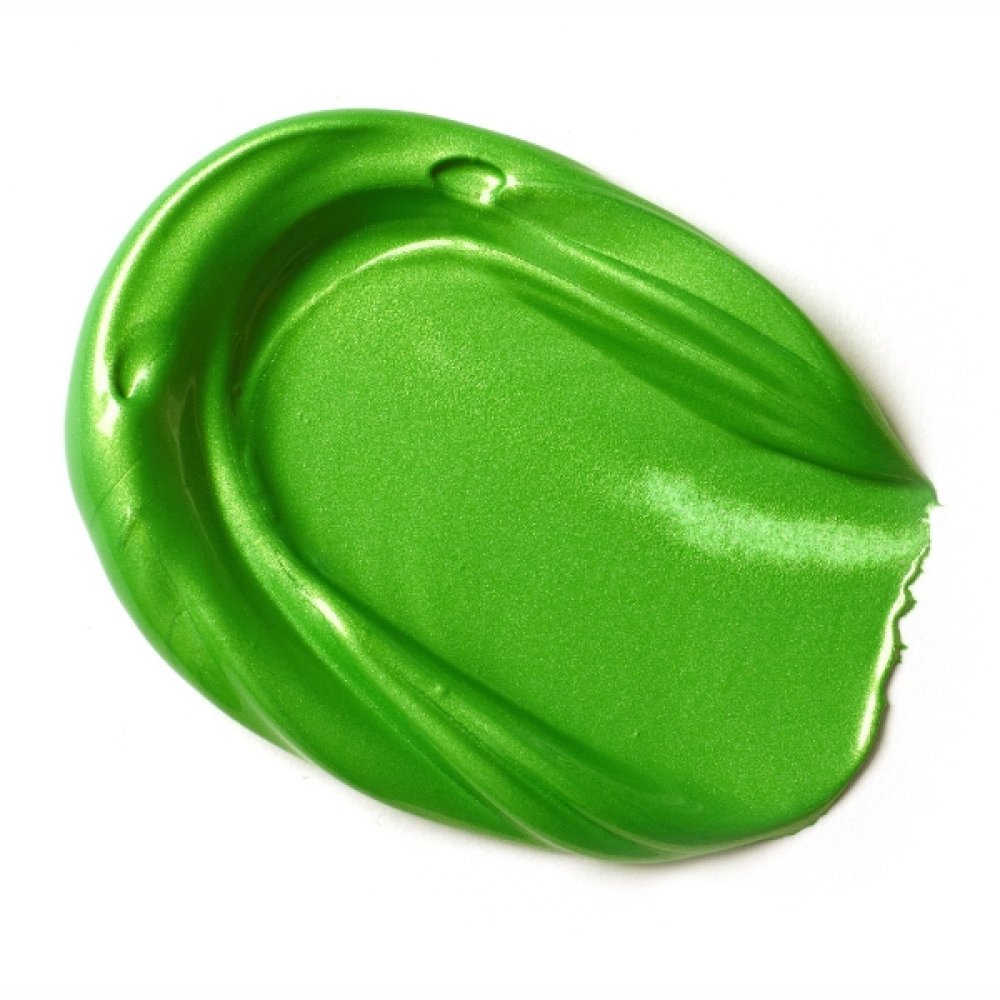 Green metallic acrylic paint swatch from Liquitex Basics, showing shimmer and satin finish, ideal for highlights and mixed media art.