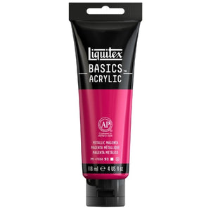 Liquitex Basics Metallic Magenta Acrylic Paint 118ml tube with vibrant color and artist-quality pigments for mixed media art.