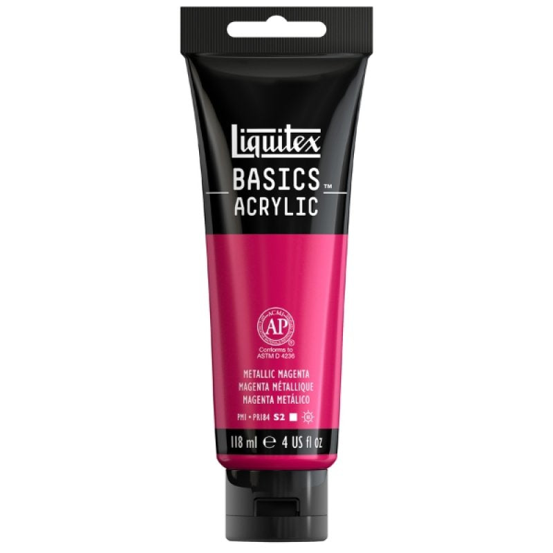 Liquitex Basics Metallic Magenta Acrylic Paint 118ml tube with vibrant color and artist-quality pigments for mixed media art.