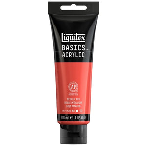 Liquitex Basics Metallic Red Acrylic Paint 118ml tube with artist-quality pigments and satin finish for vibrant shimmer.