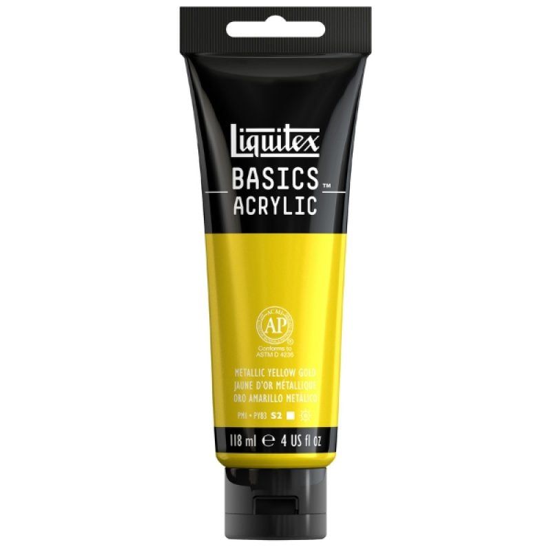 Liquitex Basics Metallic Yellow Gold Acrylic Paint Tube 118 ml for vibrant shimmer and satin finish in art and mixed media projects.