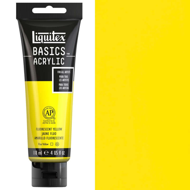 Liquitex Basics Fluorescent Acrylic 118ml tube in bright yellow displayed front view