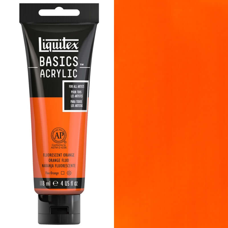 Liquitex Basics Fluorescent Acrylic 118ml vivid mid-range orange paint tube for artists and beginners.
