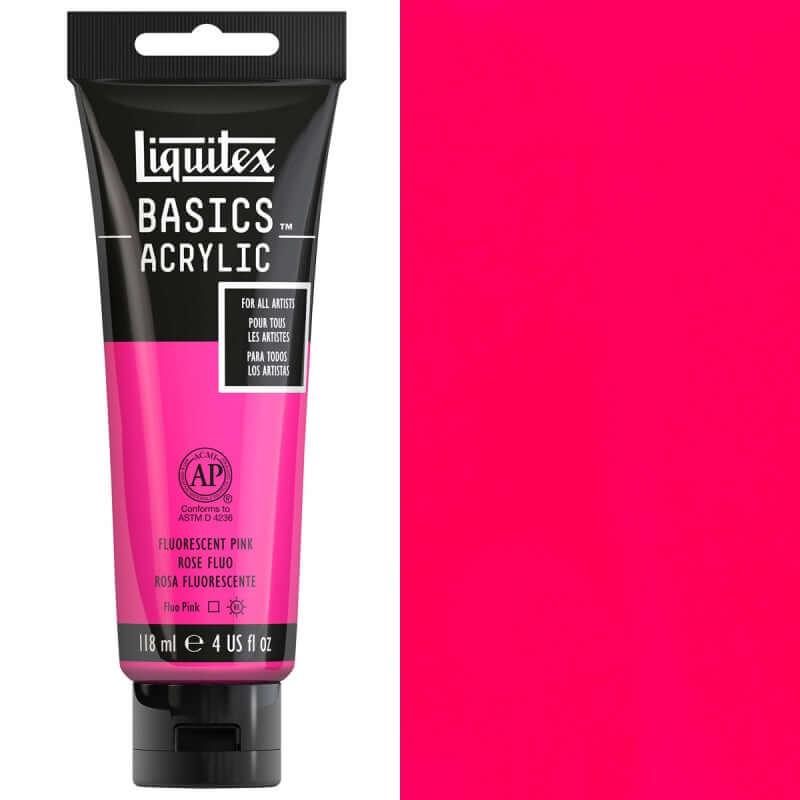 Liquitex Basics Fluorescent Acrylic 118ml in vivid pink for artists of all levels, perfect for painting and color exploration.