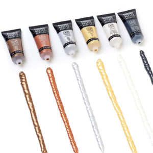 Liquitex Basics Metallic & Iridescent Acrylic Set with six color swatches: Gold, Silver, Bronze, and more, in 22 ml tubes.