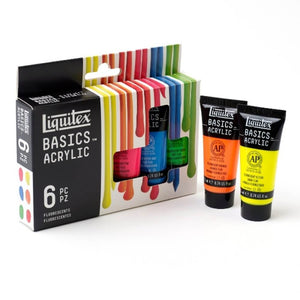Liquitex Basics Fluorescent Acrylic Set with six 22ml tubes for vibrant art projects and mixed media.