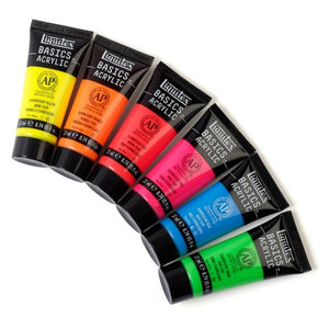 Liquitex Basics Fluorescent Acrylic Set, 6 tubes of vibrant colors - red, orange, yellow, green, blue, pink, 22 ml each.
