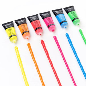 Liquitex Basics Fluorescent Acrylic Set, 6 vibrant colors including Red, Orange, Yellow, Green, Blue, Pink, tubes with swatches.