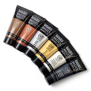 Liquitex Basics Metallic & Iridescent Acrylic Set, 6 tubes, featuring gold, silver, bronze colors, perfect for adding sparkle to artwork.