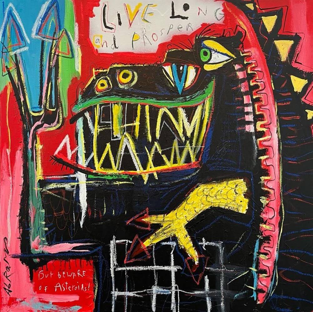 Live Long and Prosper by Michael Abrams vibrant abstract painting with bold colors and jagged lines, featuring a stylized creature.