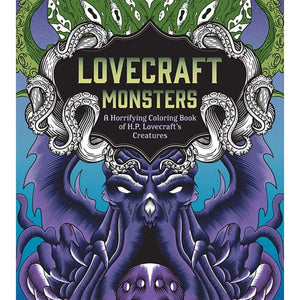 Cover of Lovecraft Monsters – Horrifying Colouring Book of H.P. Lovecraft’s Creatures with eerie monster illustration.