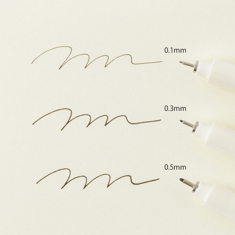 MD Drawing Pen showcasing 0.1mm, 0.3mm, and 0.5mm fine liner tips with different line widths for precise writing.