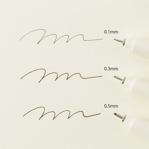 MD Drawing Pen showcasing 0.1mm, 0.3mm, and 0.5mm fine liner tips with different line widths for precise writing.