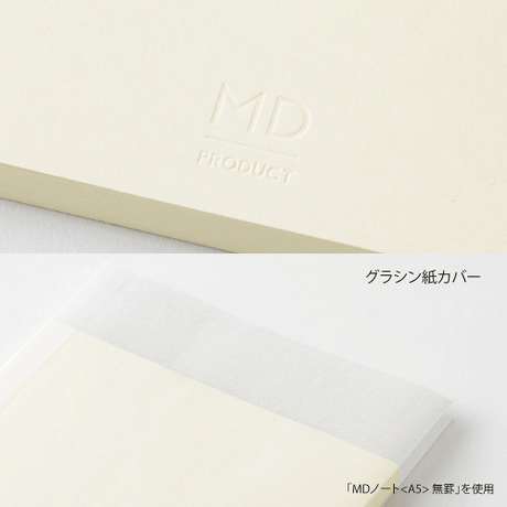MD Notebook <A6> Blank B cover showcasing embossed logo and translucent paper details.