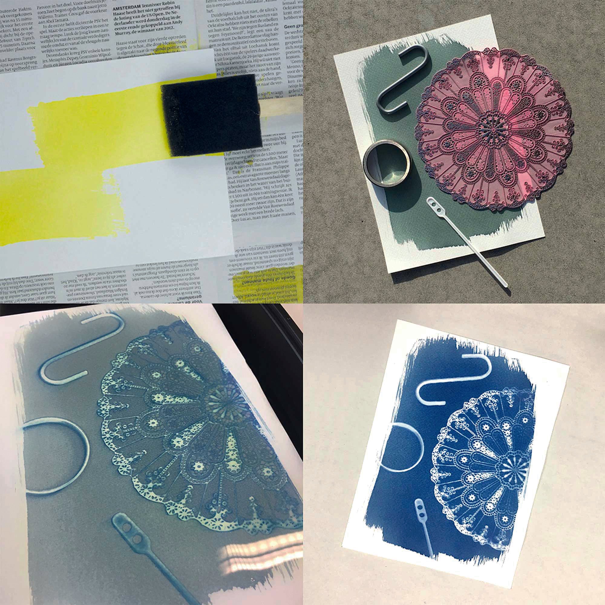 Cyanotype printing process on fabric – coating, exposing and finished blueprints