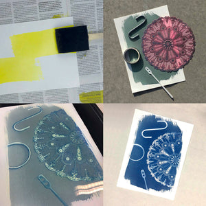 Cyanotype printing process on fabric – coating, exposing and finished blueprints