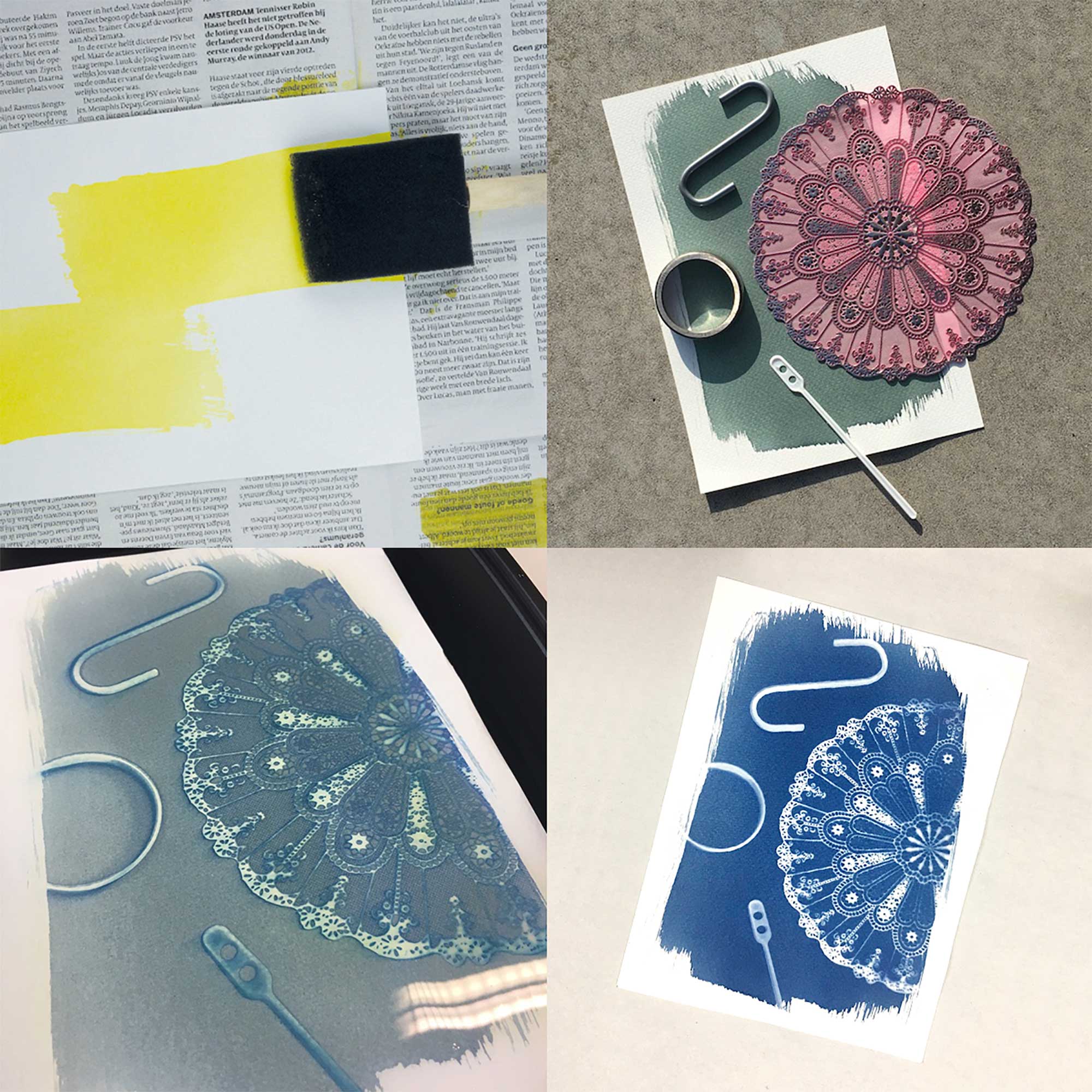 Cyanotype printing process – coating paper with sensitiser and finished blueprints