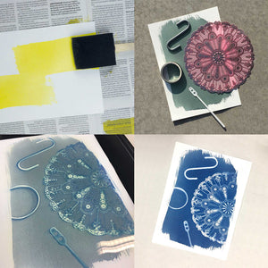 Cyanotype printing process – coating paper with sensitiser and finished blueprints