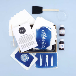 Contents of the cyanotype postcard kit – sensitiser bottles A and B, foam brush, postcards and instructions