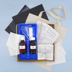 Cyanotype fabric kit tray with sensitiser bottles, tote bag and tools