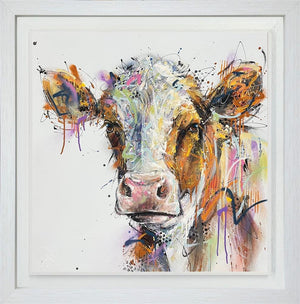 Maple by Joe Galindo — original painting of a brown and white cow, mixed media on board, framed