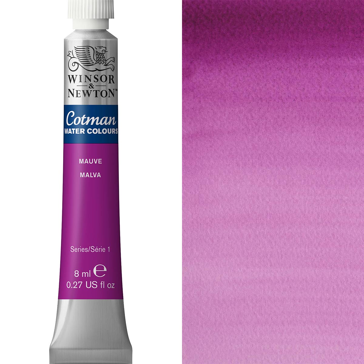 Winsor & Newton Cotman Watercolour 8ml tube in Mauve beside its painted swatch, ideal for artists and hobbyists.