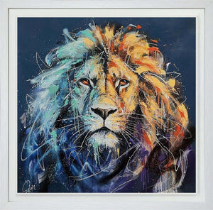 Framed abstract lion painting with vibrant colors in Maximus Deluxe by Joe Galindo style