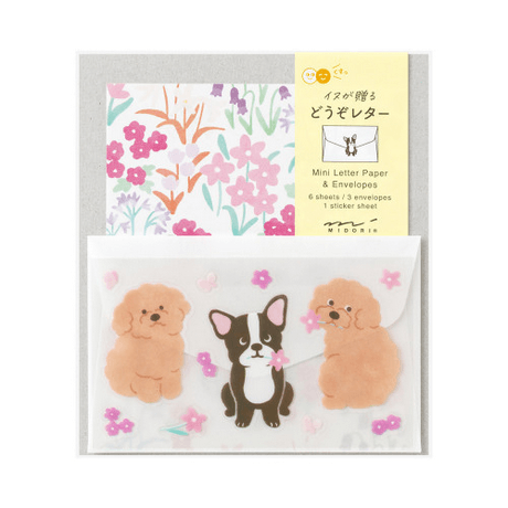 Midori Mini Letter Paper & Envelopes with Stickers 942 For You Dog featuring adorable dog illustrations and floral designs.