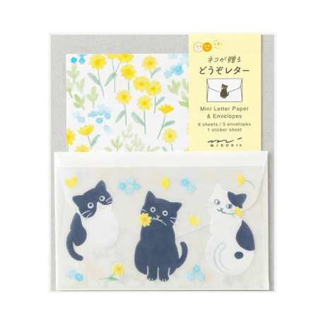 Midori Mini Letter Paper & Envelopes with Stickers 943 For You Cat featuring cat illustrations and floral designs.