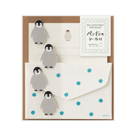 Midori Mini Letter Paper & Envelopes with Stickers 950 Penguin featuring cute penguin stickers and polka dot envelope.