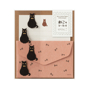 Midori Mini Letter Paper & Envelopes with Stickers 951 Black Cat featuring adorable cat stickers and envelopes.