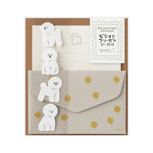 Midori Mini Letter Paper & Envelopes with Stickers 953 Bichon Frise set with paper, envelopes, and fluffy stickers.