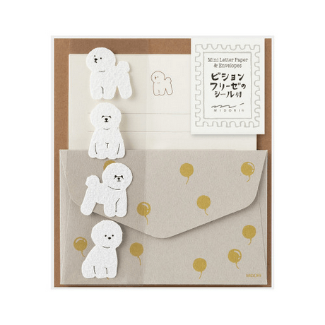 Midori Mini Letter Paper & Envelopes with Stickers 953 Bichon Frise set with paper, envelopes, and fluffy stickers.
