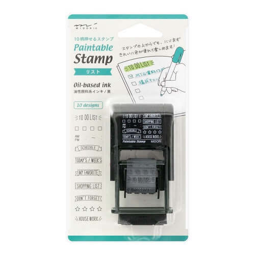 Midori Paintable Stamp featuring oil-based ink, ideal for notebook decoration with 10 rotating designs.
