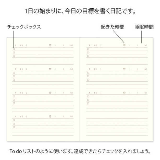 Inside pages of Midori Diary – Good Morning showing daily goals layout with checklist and time tracking sections.