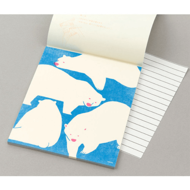 Midori Letter Pad – White Bear with blue and cream tones, showing white bear illustrations and lined guide sheet for neat writing.