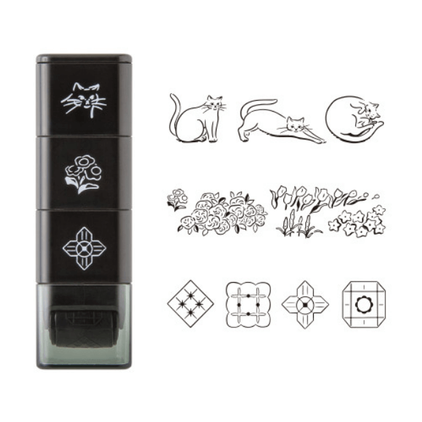 Midori Paintable Stamp Roller Cat & Landscape with cat, floral, and geometric designs for journaling.