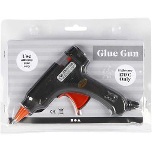 Mini glue gun with UK plug, high temp 170°C, 7mm glue sticks included, packaged display. Ideal for crafts.