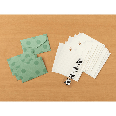 Midori Mini Letter Paper & Envelopes with Stickers 952 Panda featuring green polka dot envelopes and cute panda stickers.