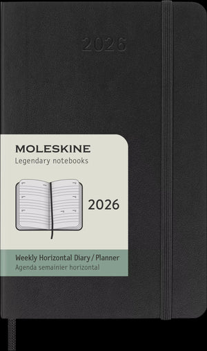 Moleskine 2026 Pocket Weekly Horizontal Planner Softcover in black showing cover design and elastic closure.