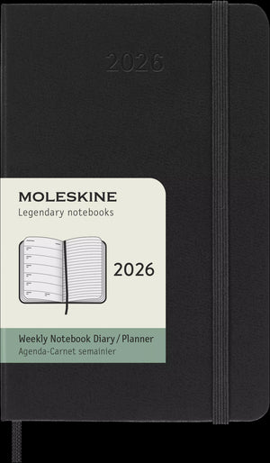 Moleskine 2026 Pocket Weekly Planner, 12-Month Hardcover Black, compact 2026 diary with weekly layout, strong and portable design.
