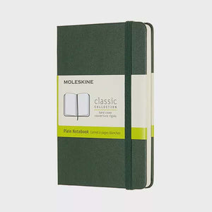Moleskine Pocket Plain Hardcover Notebook: Myrtle Green with rounded corners and elastic closure.