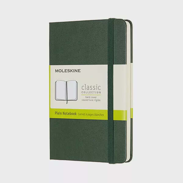 Moleskine Pocket Plain Hardcover Notebook: Myrtle Green with rounded corners and elastic closure.