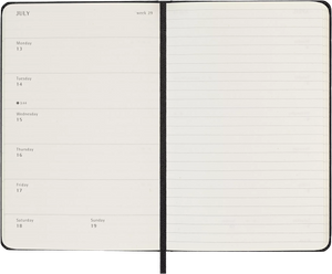 Moleskine 2026 Pocket Weekly Planner open to July with appointments on the left and notes page on the right, hardcover, compact design.