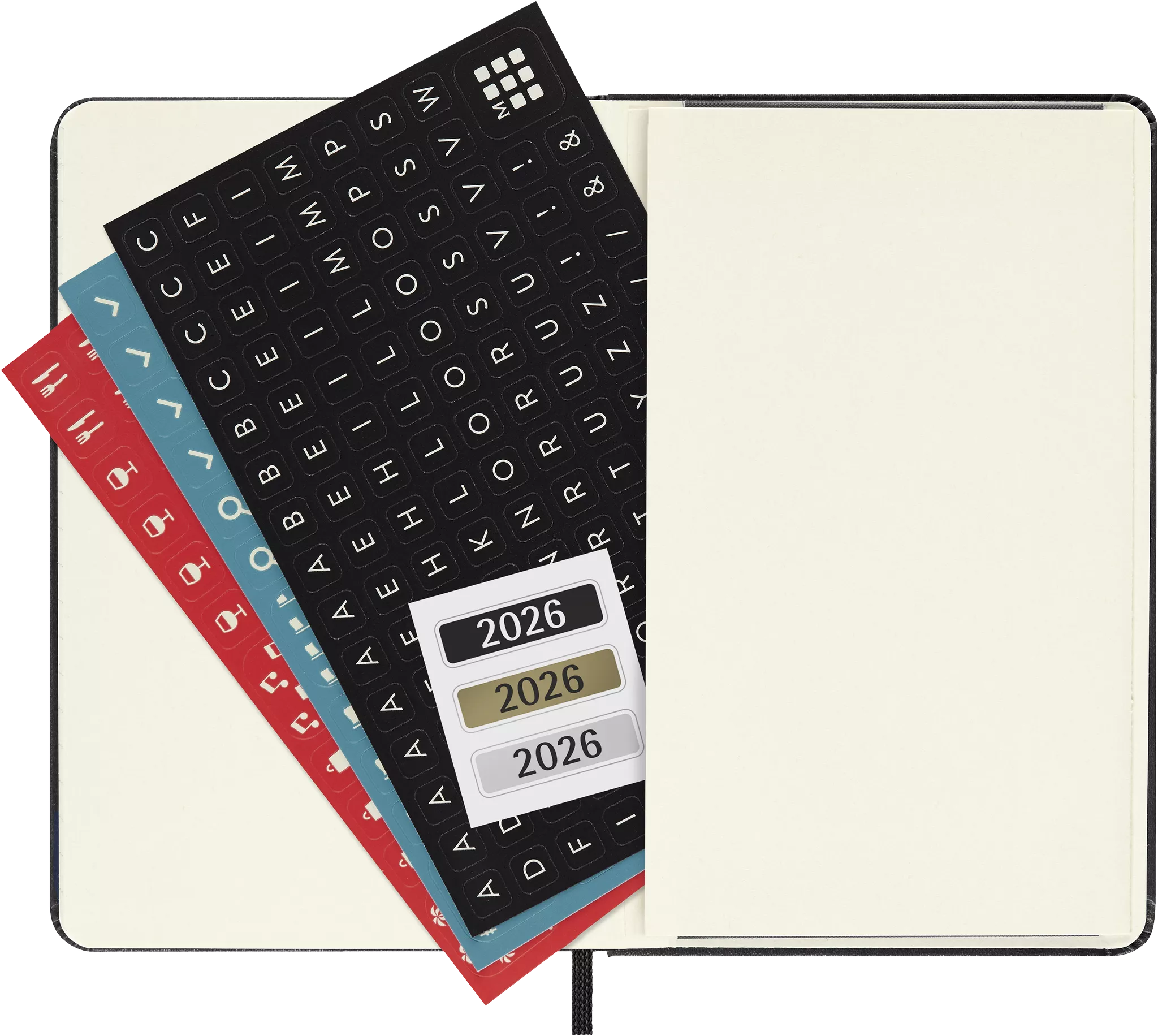Open Moleskine 2026 Pocket Weekly Planner with stickers and labels, showcasing durable hardcover and compact design.