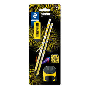 Staedtler NORIX Graphite Pencil Set with 2 HB pencils, sharpener, and eraser in blister packaging, designed for comfort and control.