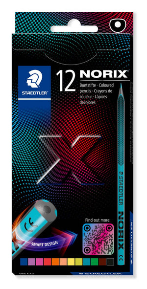 Staedtler NORIX coloured pencils box of 12 assorted colours with ergonomic design and durable leads.