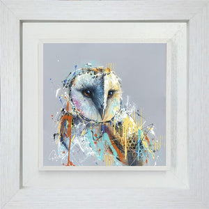 Joe Galindo Oliver - Limited Edition barn owl portrait with vibrant yellow and blue paint embellishment
