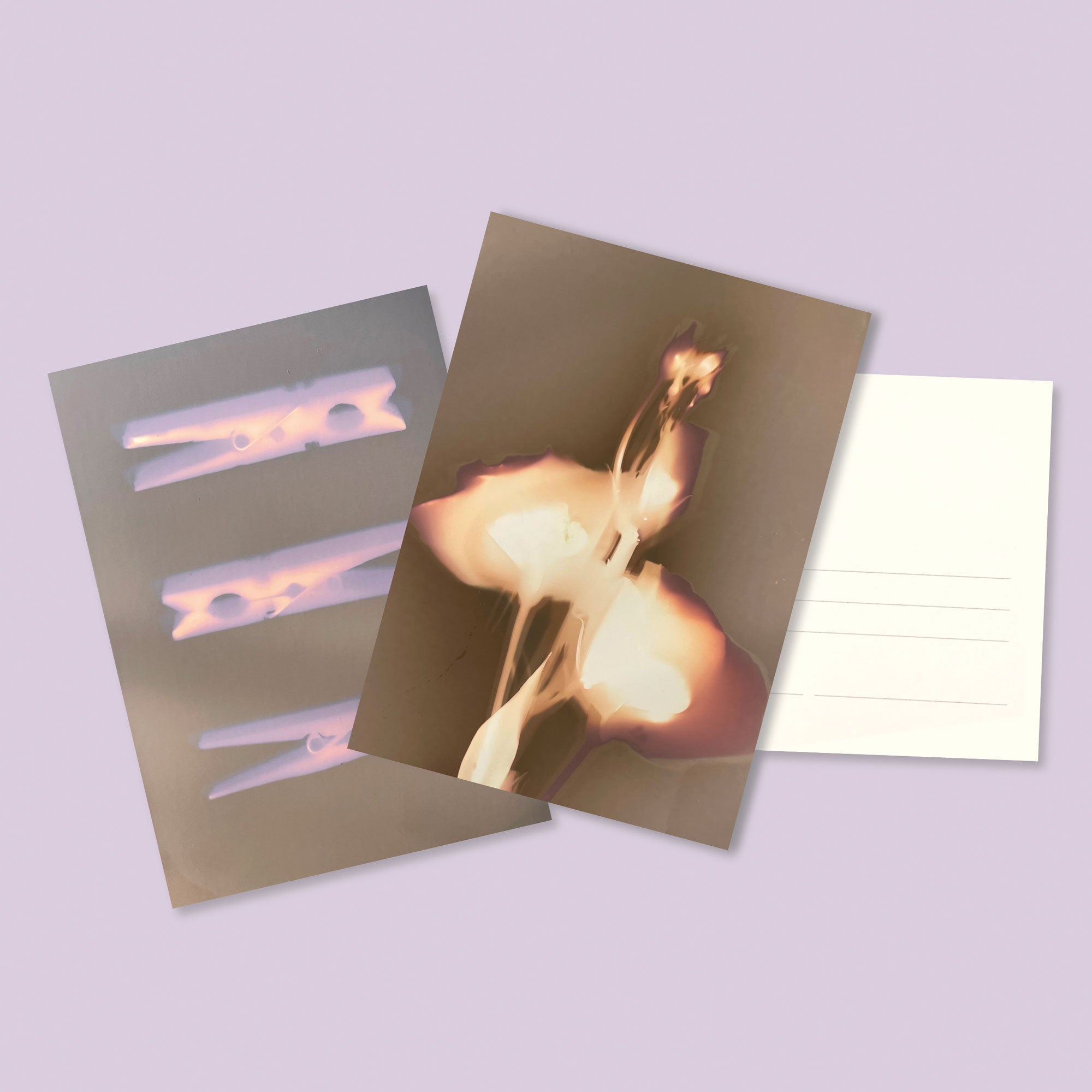Lumen print postcards in pink and beige tones made with light-sensitive darkroom paper